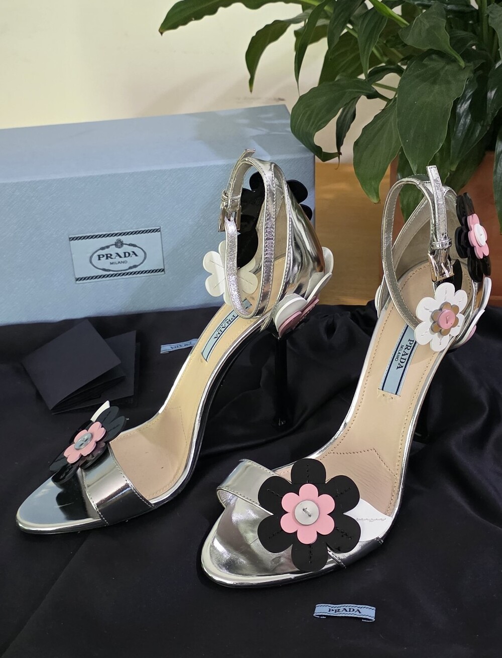 Prada Silver Metallic Leather 3D Floral  Stilletos 2017 Collection Size 38 1/2